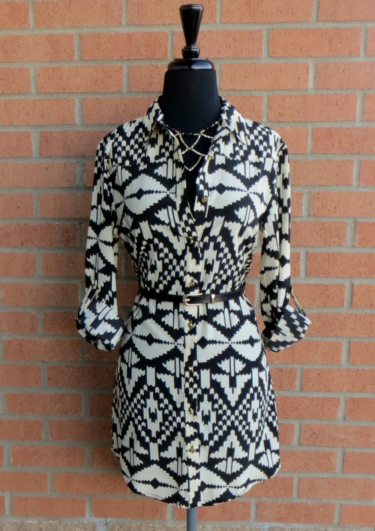 Timing | Button Up Tribal Print Dress Black & Cream