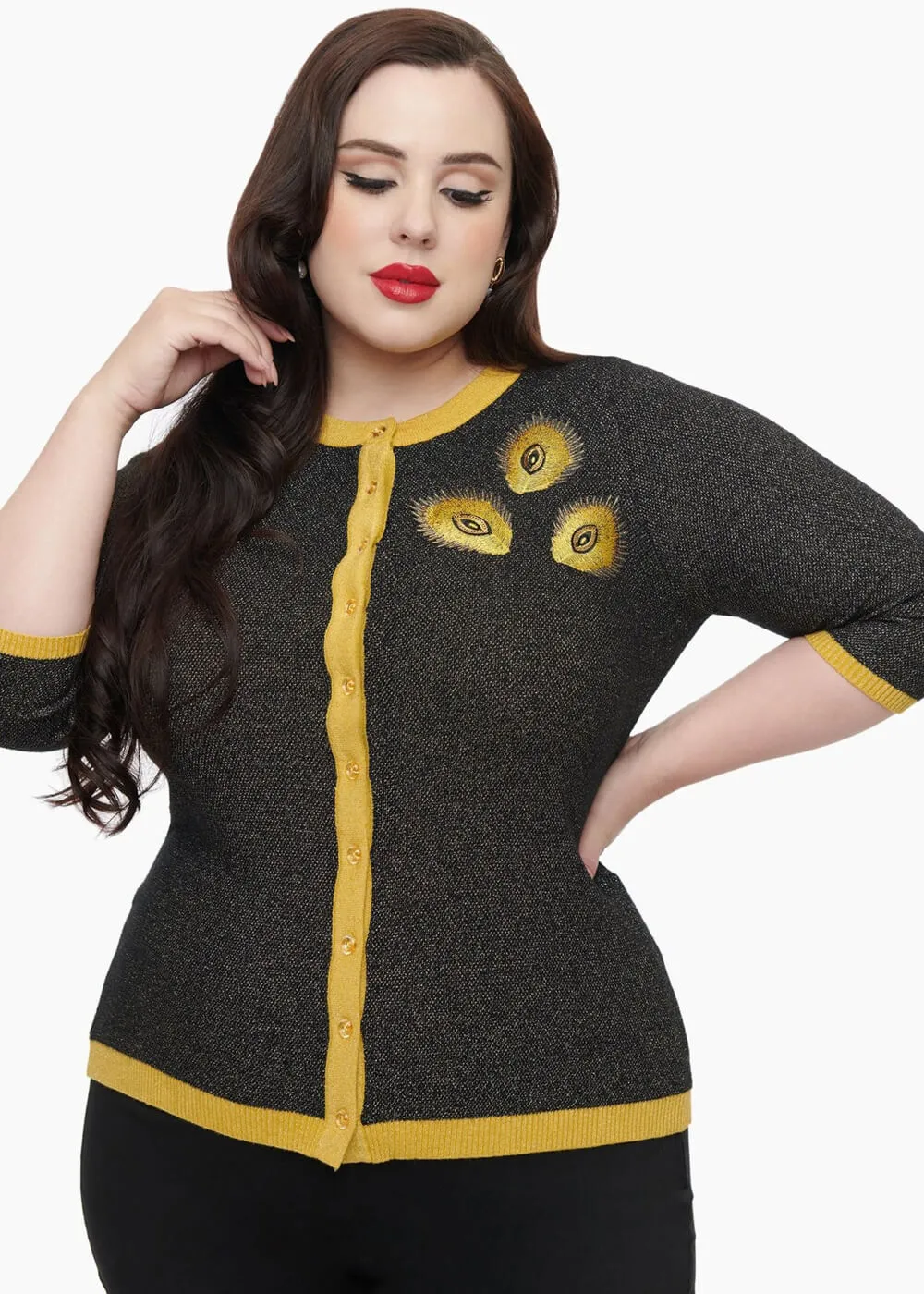 Unique Vintage Bookworm Peacock 40's Cardigan Black Gold