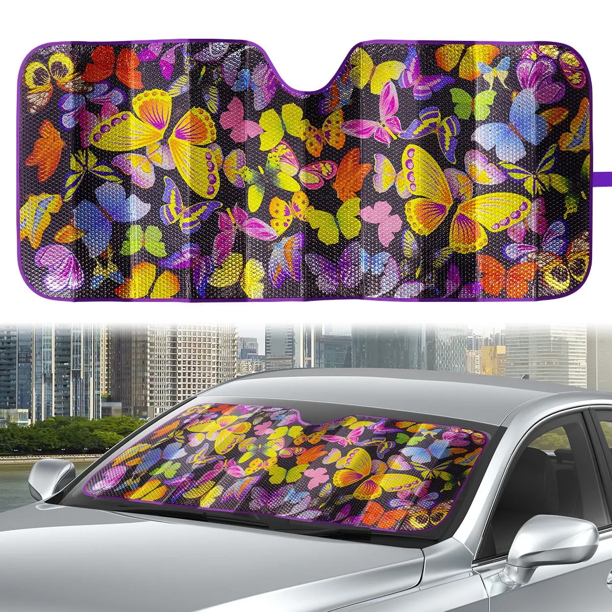 Universal Sun Shade Sedan SUV Hatchback Liftback Purple Butterfly 63'' x 28.5''