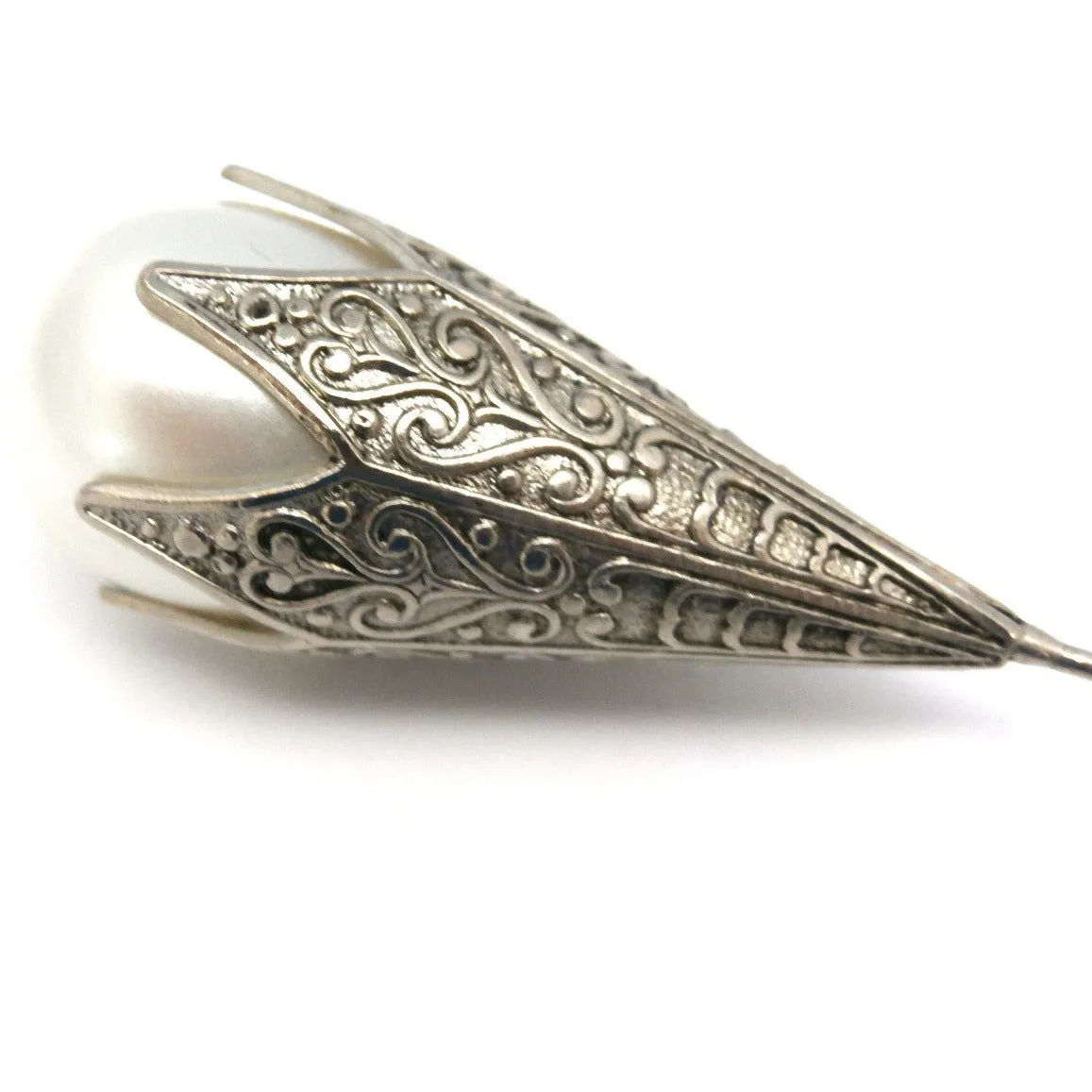Vintage Hat Pin Large Glass Pearl Engraved Silver 1920s