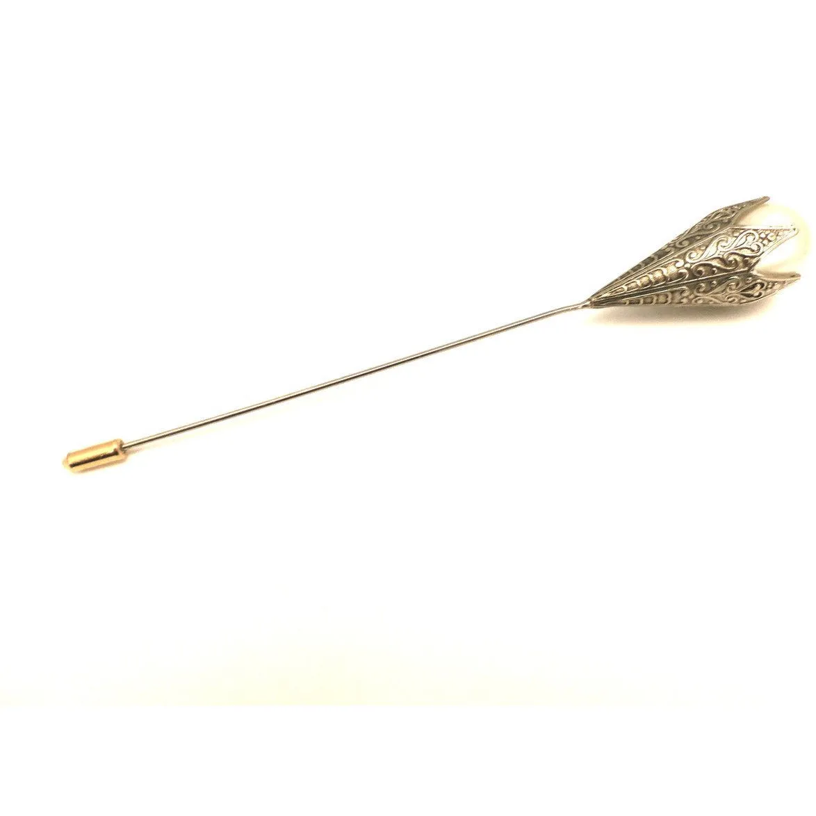 Vintage Hat Pin Large Glass Pearl Engraved Silver 1920s