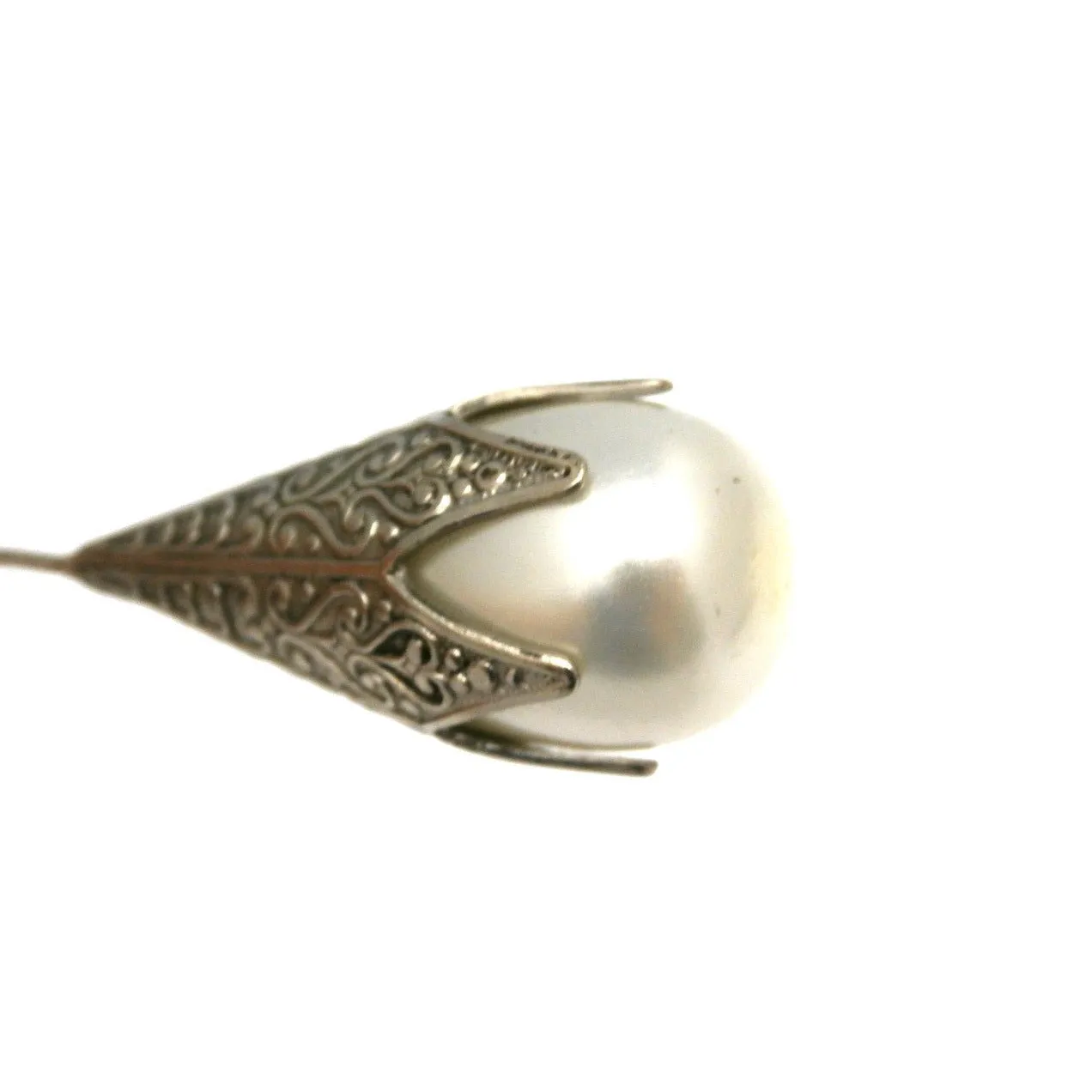Vintage Hat Pin Large Glass Pearl Engraved Silver 1920s