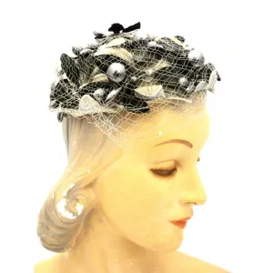 Vintage Ladies Cocktail Hat  Silver Berries w/Tulle Mr. John Caprice 1950s