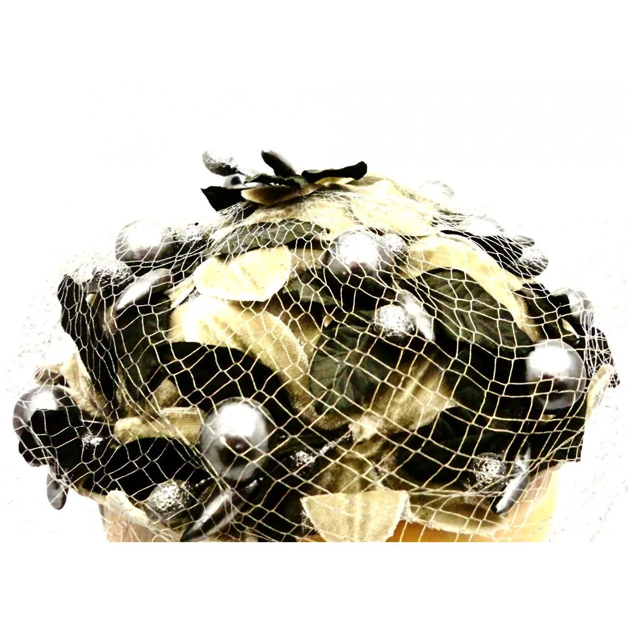 Vintage Ladies Cocktail Hat  Silver Berries w/Tulle Mr. John Caprice 1950s