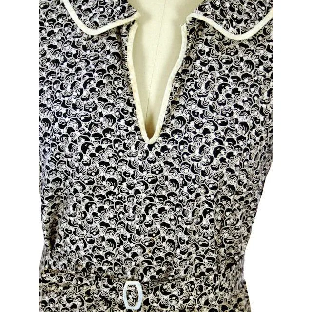 Vintage Womens Day Dress 1920s Black & White Abstract Print 36 Bust