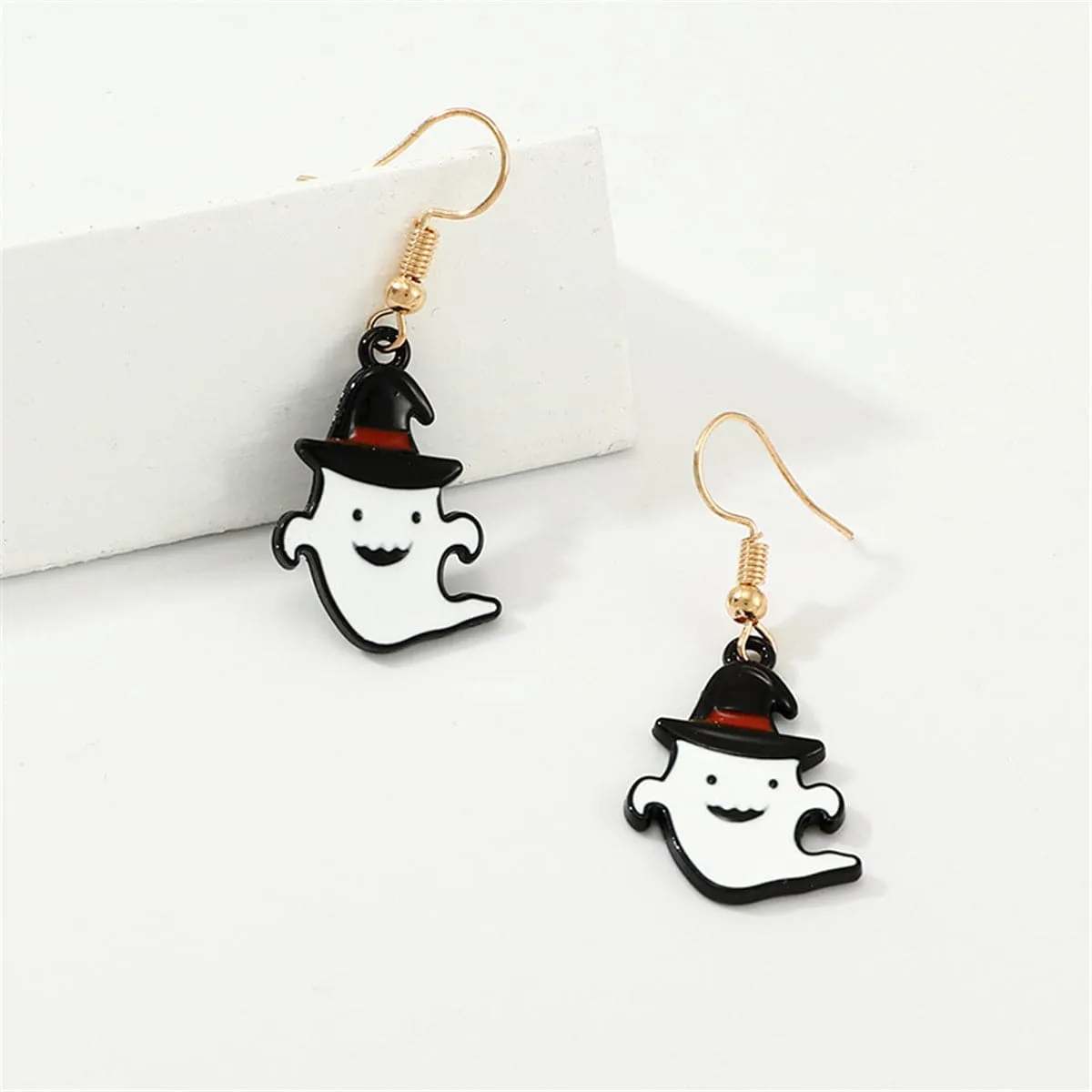 White Enamel & 18K Gold-Plated Ghost Drop Earrings